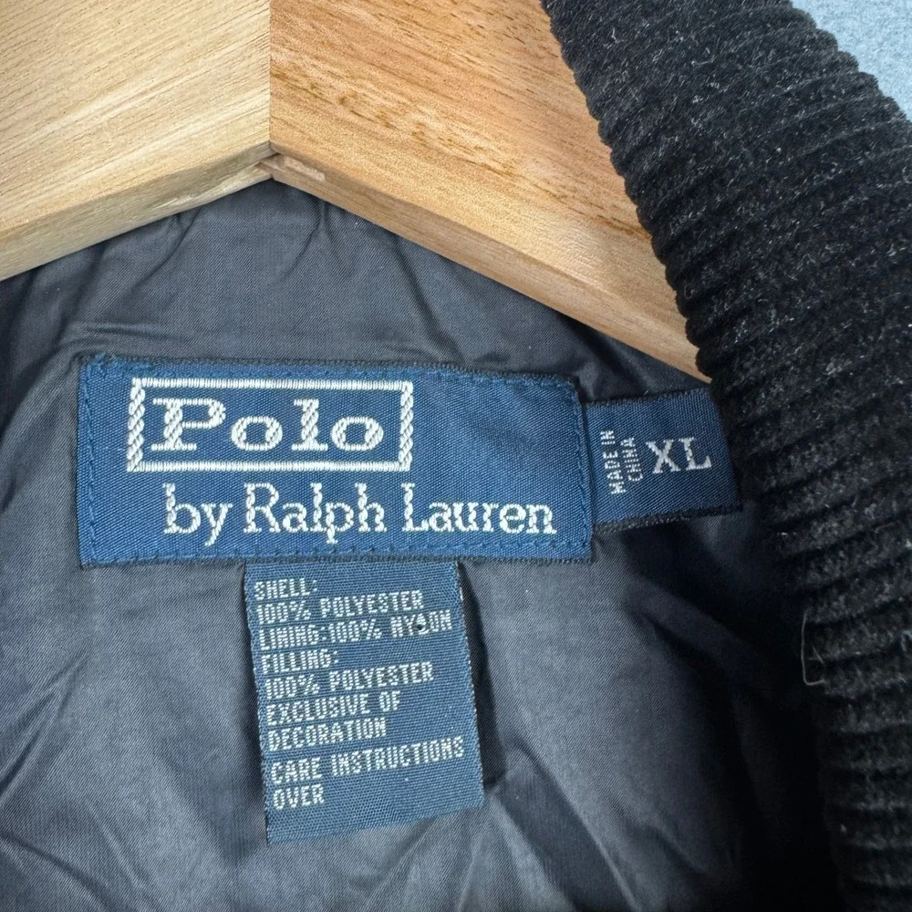 Polo Ralph Lauren Mens XL Black Quilted Vest Corduroy Collar Full Zip Snap Front